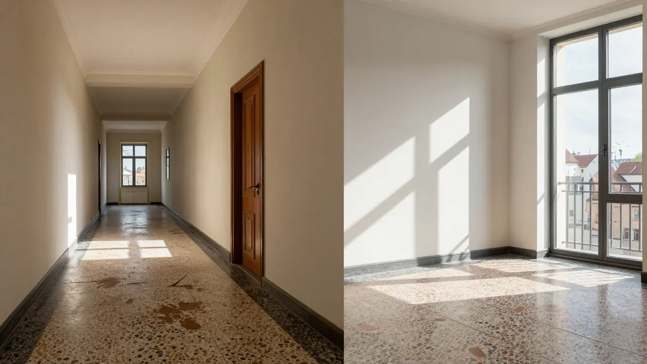 Dvě části stejného terazzo vzoru: historický chodba a moderní byt, spojené světlem.