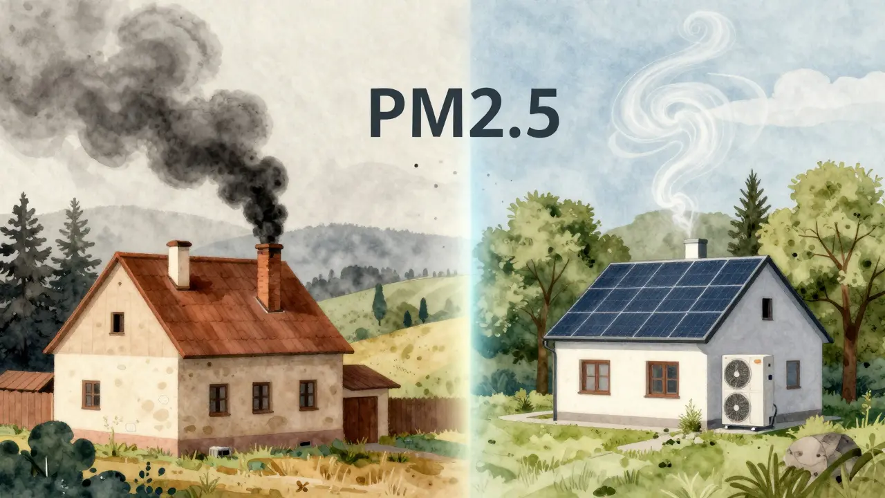 Dvě domácnosti vedle sebe: jedna spaluje uhlí, druhá používá tepelné čerpadlo – rozdíl v čistotě vzduchu.