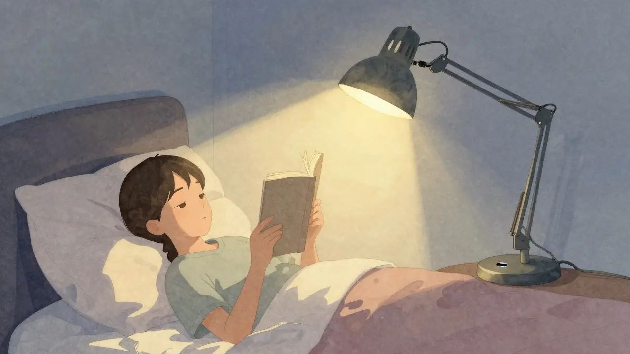 Flexibilní čtecí lampa s dvojitým osvětlením osvětluje knihu a jemně osvětluje místnost.