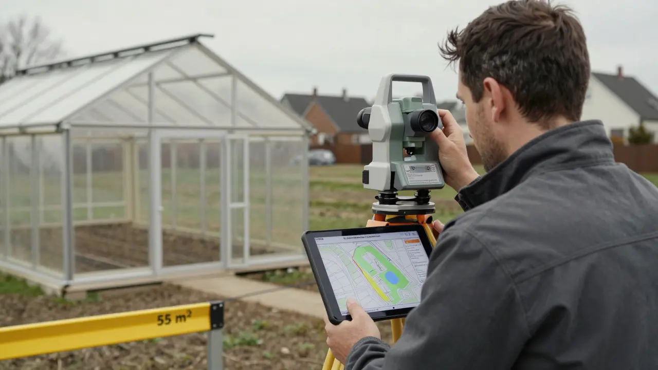 Geodet měří vzdálenost 2 metry od hranice pozemku k novému skleníku.