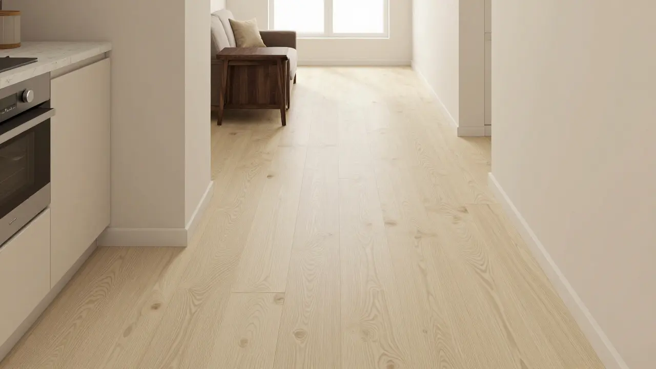 Jednotná vinylová podlaha procházející celým bytem bez přechodů, s jemnou texturou a teplým osvětlením.