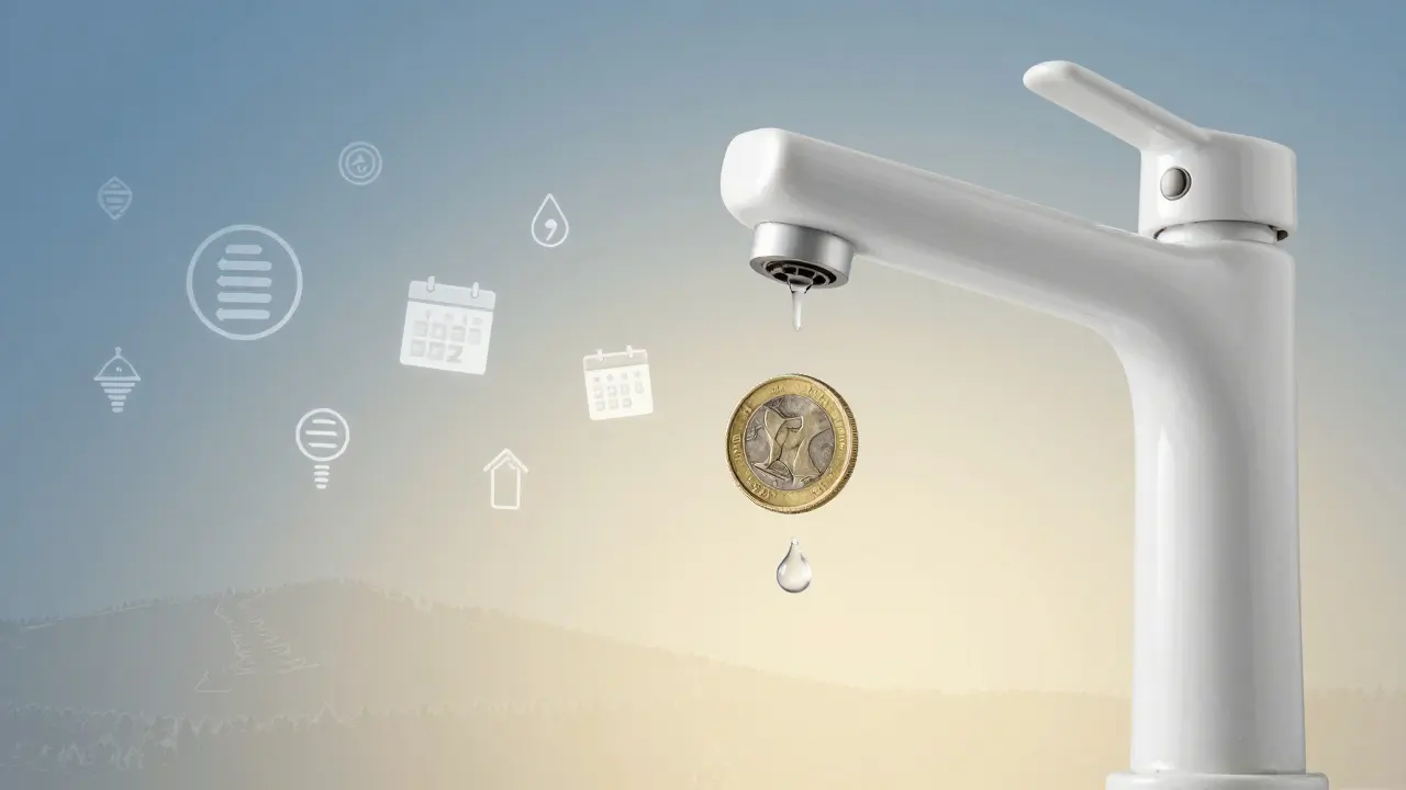 Kapka vody se mění v minci nad kvalitní baterií, symbolizující úspory vody a peněz v domácnosti.