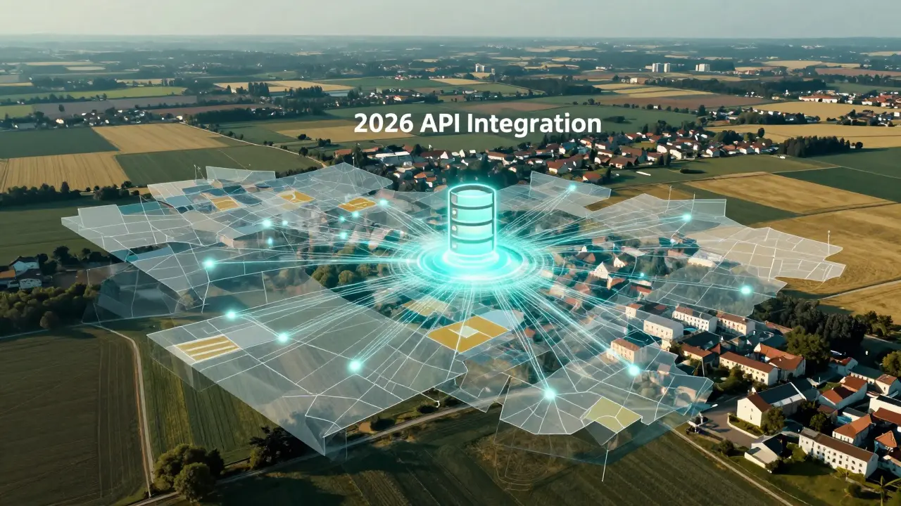 Konceptuální obrázek digitálního katastru s datovými proudy přes českou krajinnou krajinu.