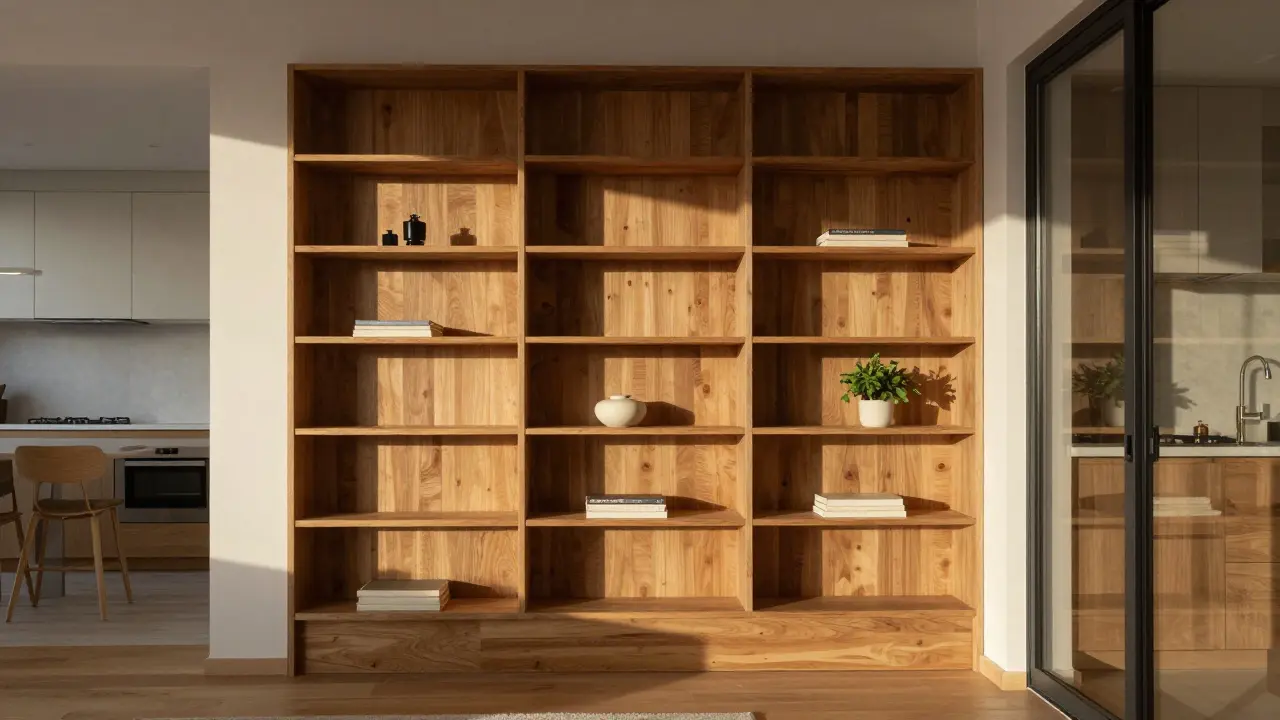 Nízká obývací stěna jako optické dělení mezi obývacím pokojem a kuchyní s minimálními dekoracemi.