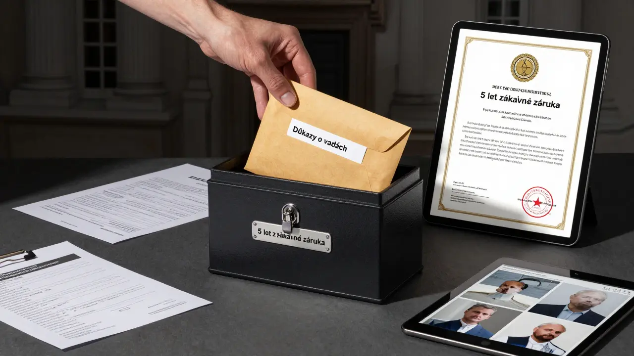 Obálka s důkazy o vadech je ukládána do zámku označeného jako 5letá záruční doba.