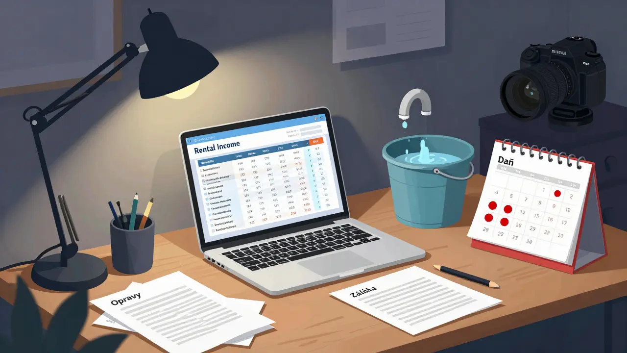 Pisárna s rozptýlenými dokumenty, kapající vodovod a kalkulačkou nájemného v Praze.