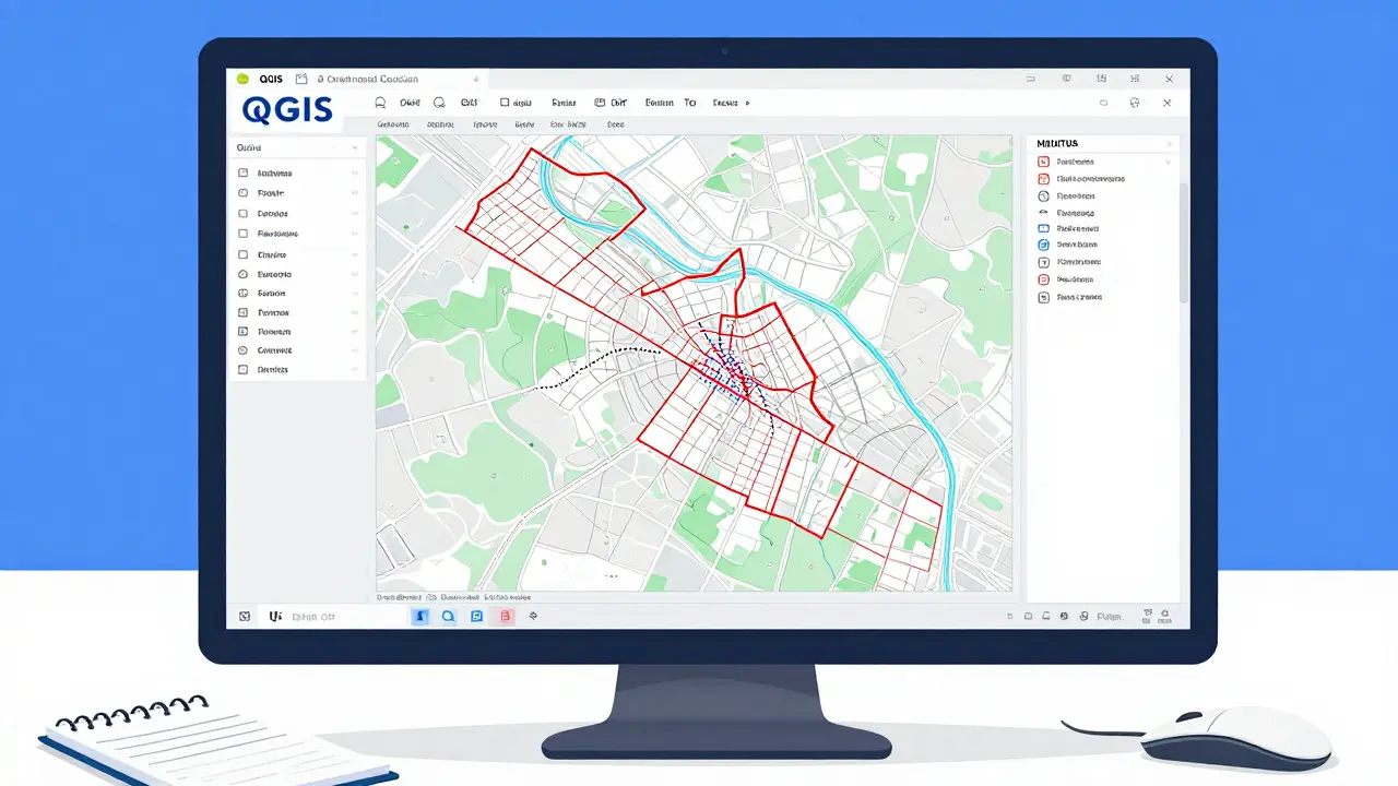 Počítačový obrazovka s QGIS zobrazující vektorovou mapu katastrálních hranic.