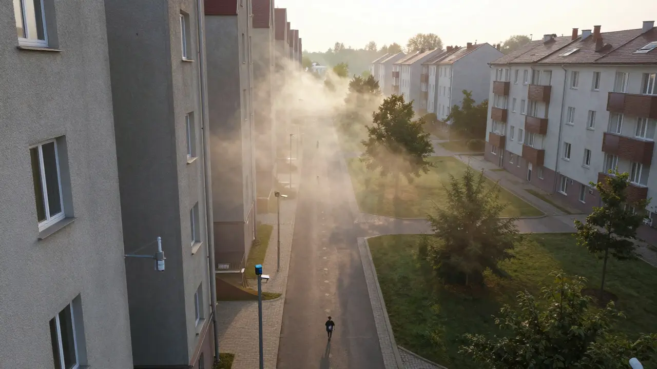 Pohled z výšky na Jablonec nad Nisou s ulicemi plnými znečištění a čistším vzduchem nad nimi.
