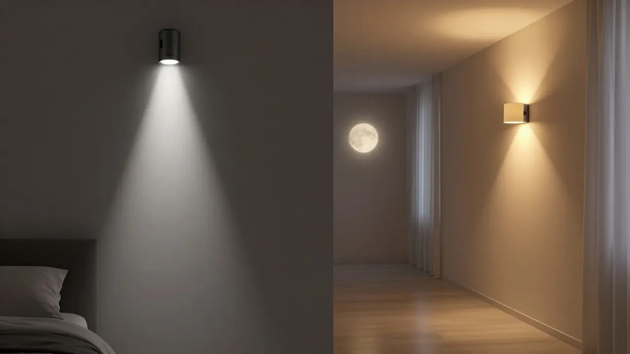 Porovnání plug-in a stěnového nočního osvětlení: jedno oslní, druhé rovnoměrně rozptýlí světlo.