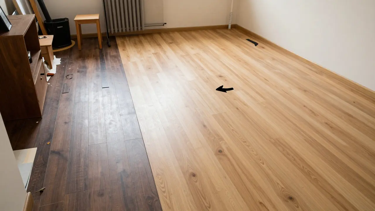 Před a po: porovnání rozdělené a jednotné podlahy v malém bytě s důrazem na optické zvětšení prostoru.