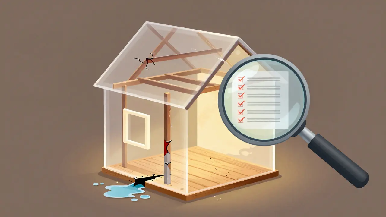 Průhledný dům s viditelnými skrytými vadami: průnik vody, koroze nosníků a nerovná podlaha.