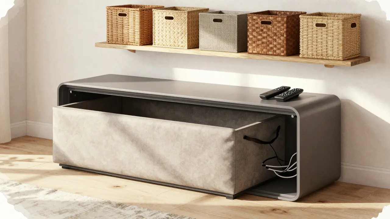 Puf s úložným prostorem vedle konferenčního stolu s tajenými zásuvkami, na stěně látkové koše v přírodních barvách.