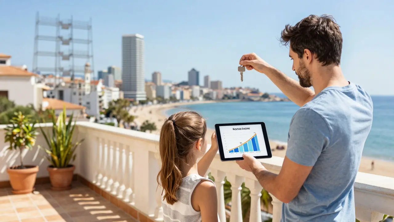 Rodina na balkoně v Benidormu s grafem nájemního výnosu, za nimi prahský obraz.