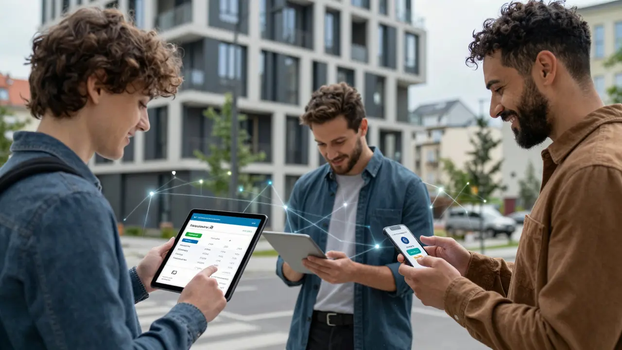 Skupina lidí v městském prostředí sleduje data o pronájmu, energetické třídě a příjmech z nemovitostí.