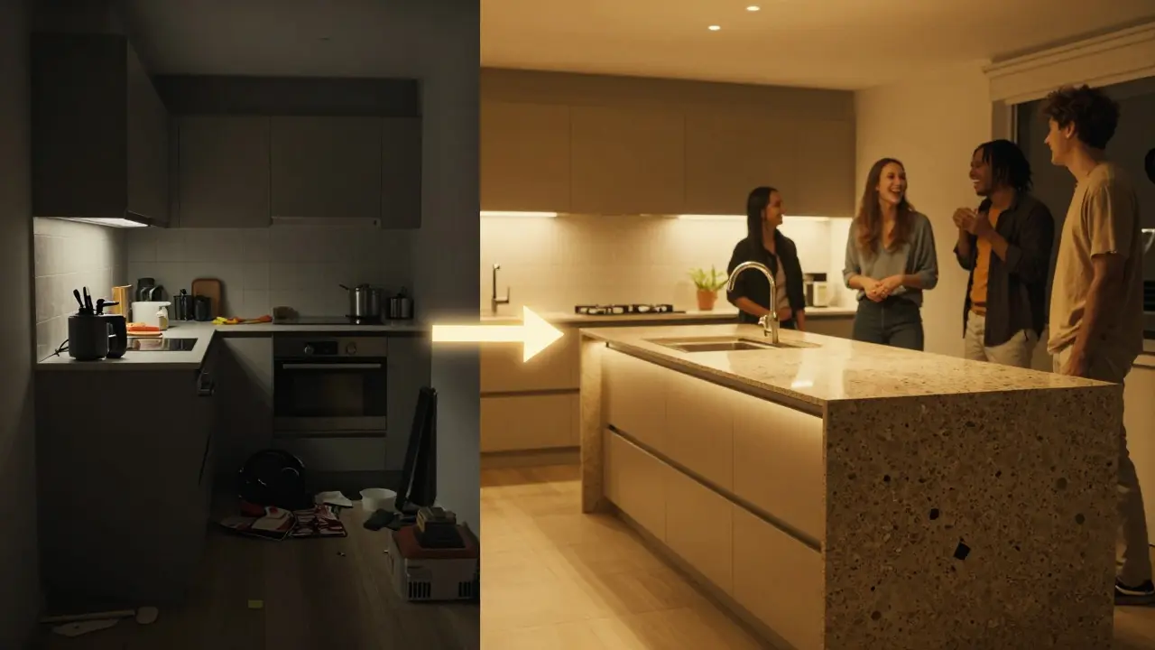 Srovnání malé kuchyně bez ostrůvku a moderní kuchyně s ostrůvkem a teplým osvětlením.