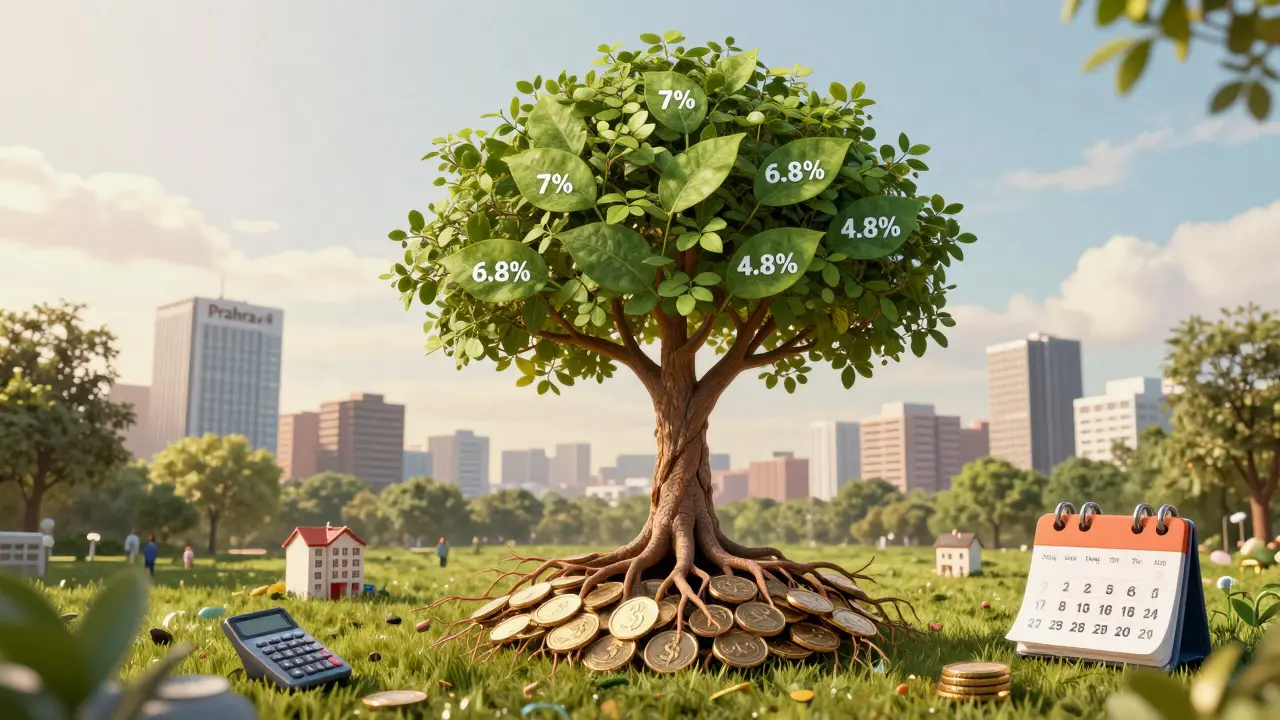 Strom s kořeny z digitálních tokenů a listy s procenty, symbolizující růst příjmu z nemovitostního crowdfundingu v Praze.