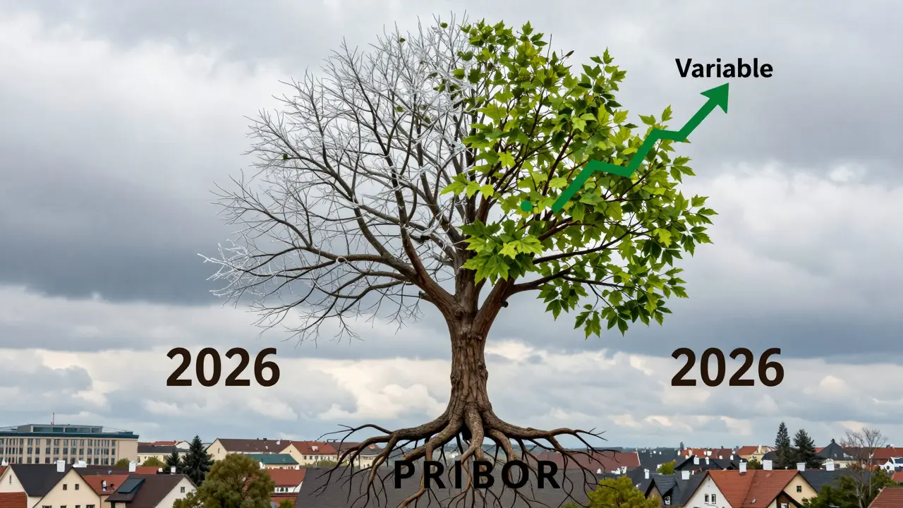 Strom s proměnnými a fixními větvemi symbolizuje variabilní a pevnou hypotéku.
