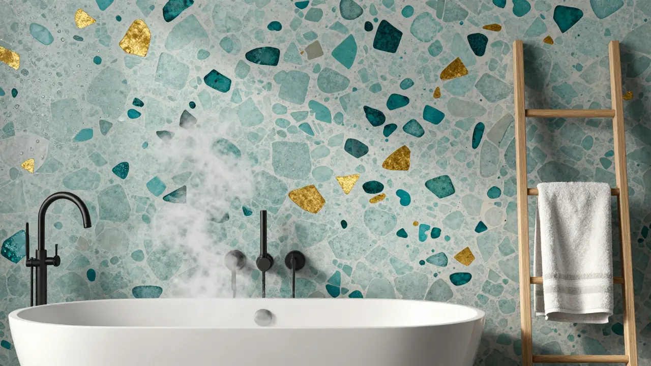 Terazzo obklad v koupelně s tmavě modrými a zlatými kameny a kapkami vody.