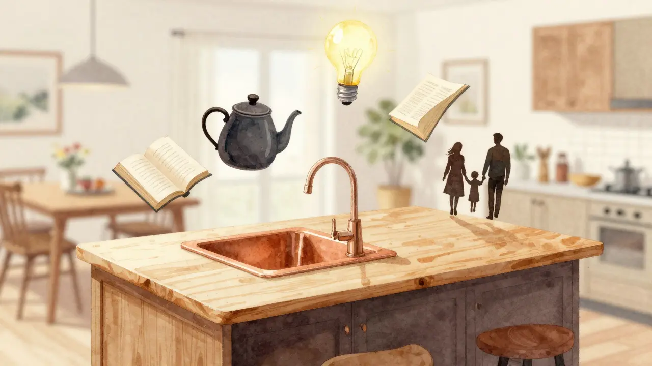 Umělecká ilustrace kuchyňského ostrůvku jako centra domácnosti s symbolickými prvky.
