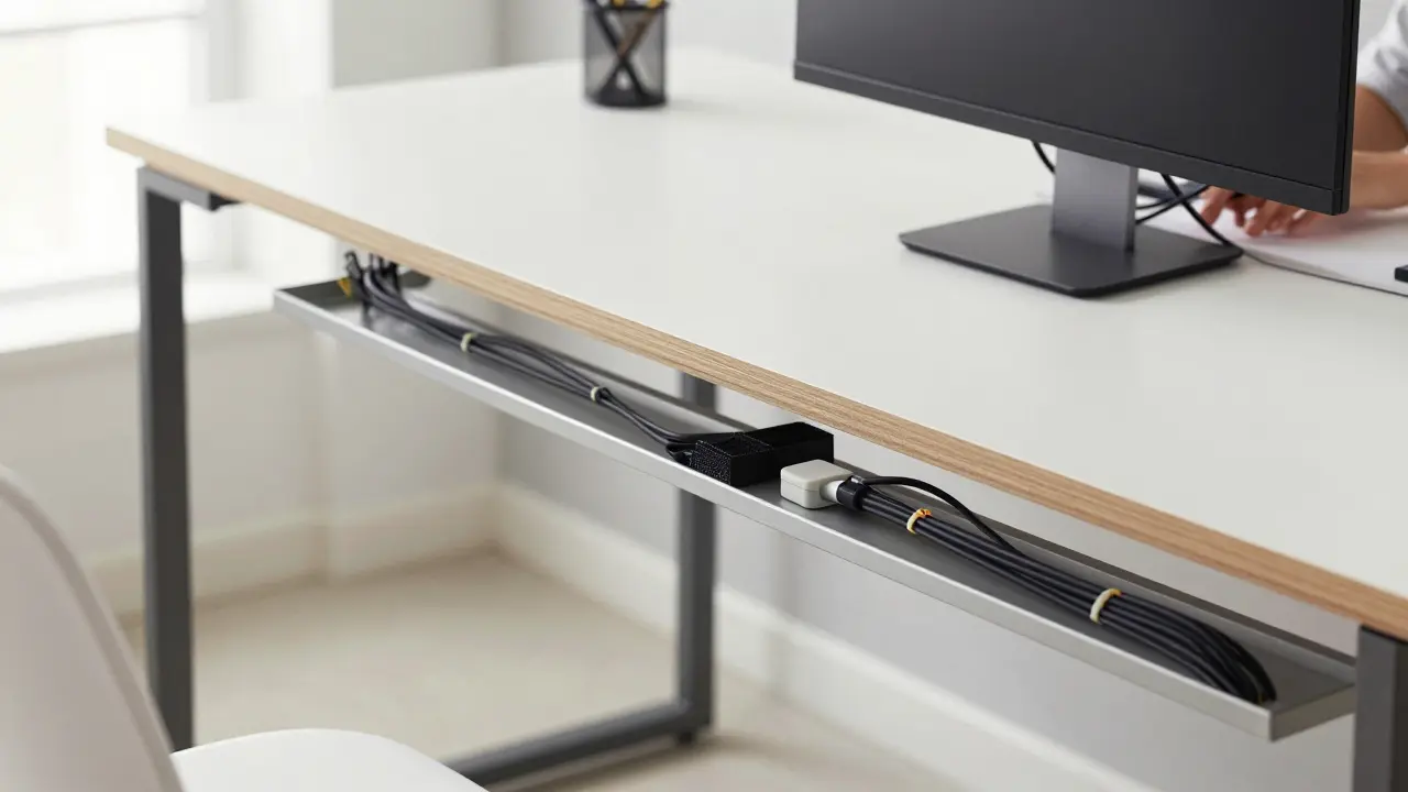 Čistě uspořádané kabely v kovovém žlabu pod stolem, s označenými svazky a moderním designem.