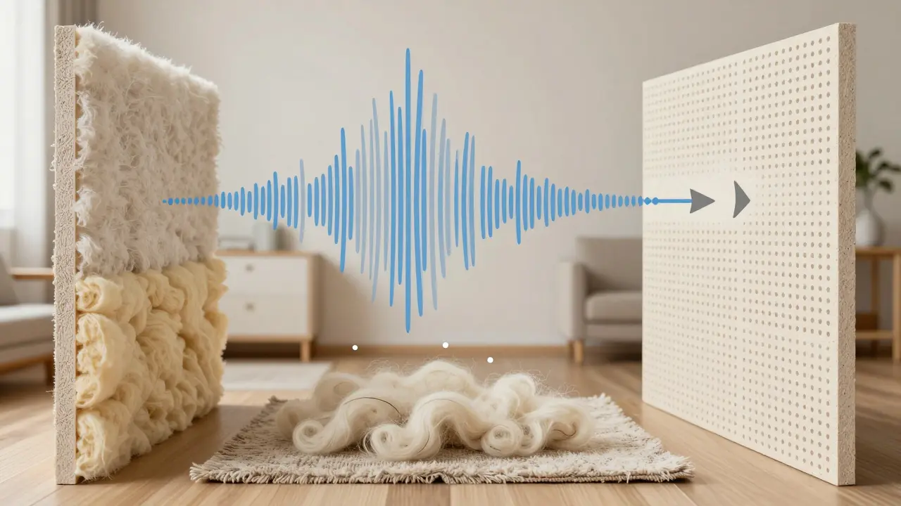 Conceptual visualization of sound waves being absorbed by textiles, wool, and perforated panels in a home.