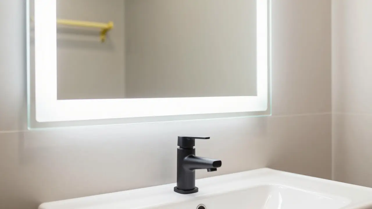 Detail nového LED zrcadla a kohoutu v čisté, neutrální koupelně s jemným osvětlením.