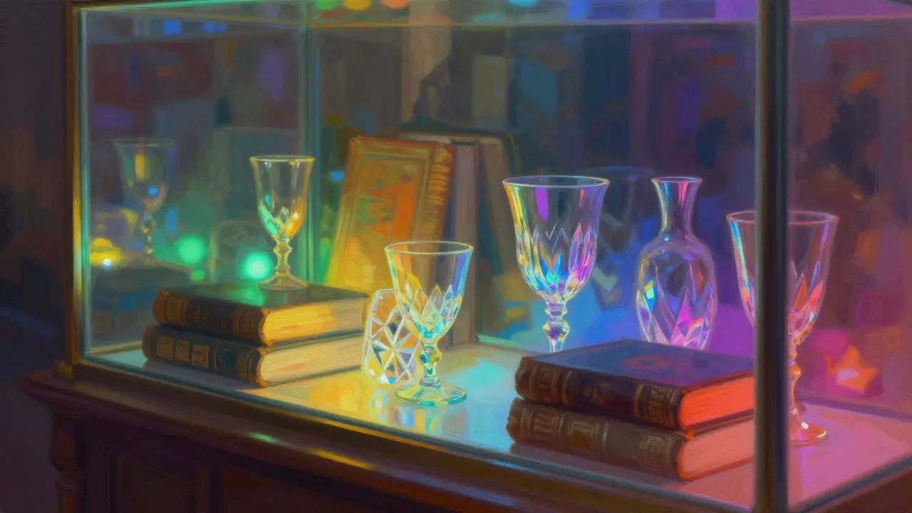 Detail osvětlení RGB vitřiny s přechodnými barvami na knihách a skleněných předmětech.