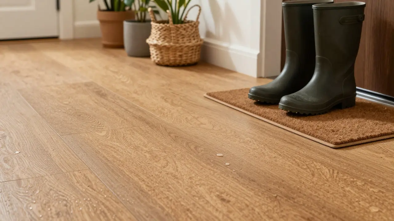 Eco-friendly cork flooring repelling water droplets in a calm, natural entryway.