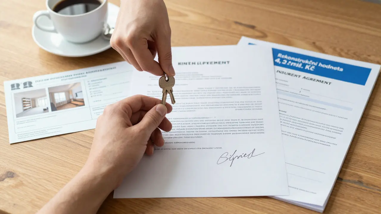 Klíč, smlouva, fotografie stavu bytu a potvrzení zálohy na stole, symbolizující přípravu pronajímatelé.
