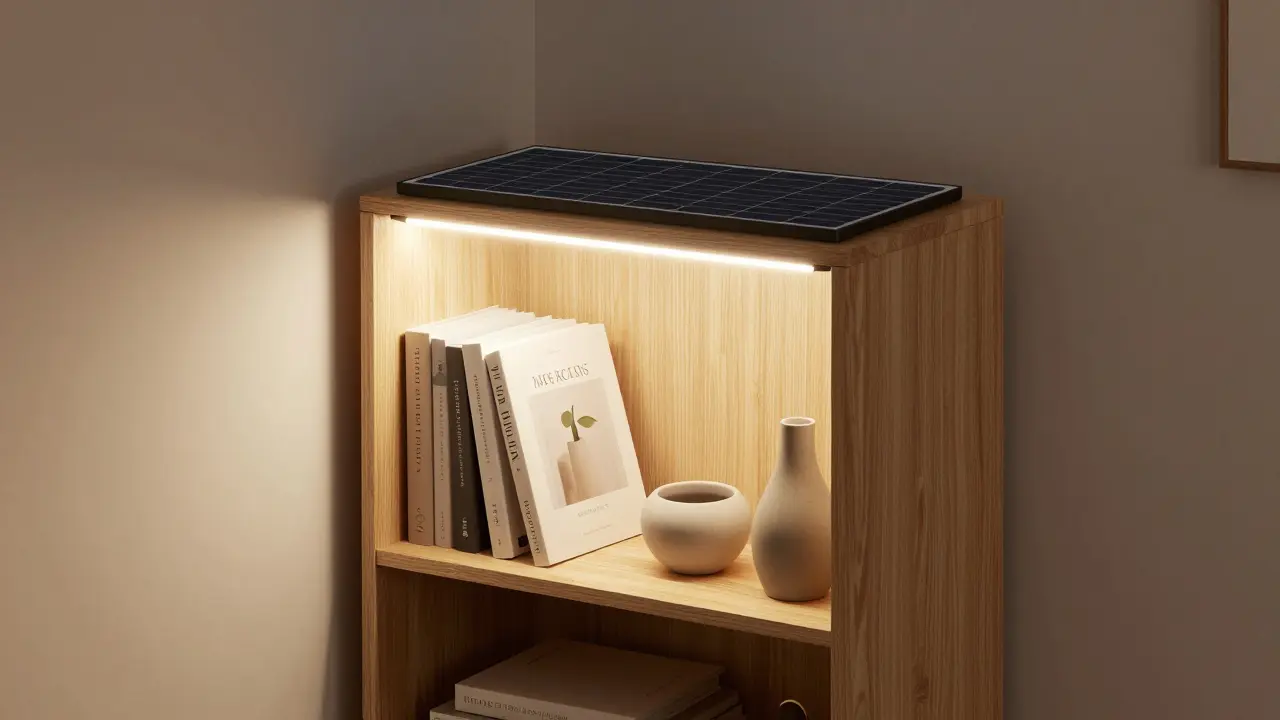 Kompaktní vitřina s fotovoltaickými panely v malém bytě, minimalistické dekorace.