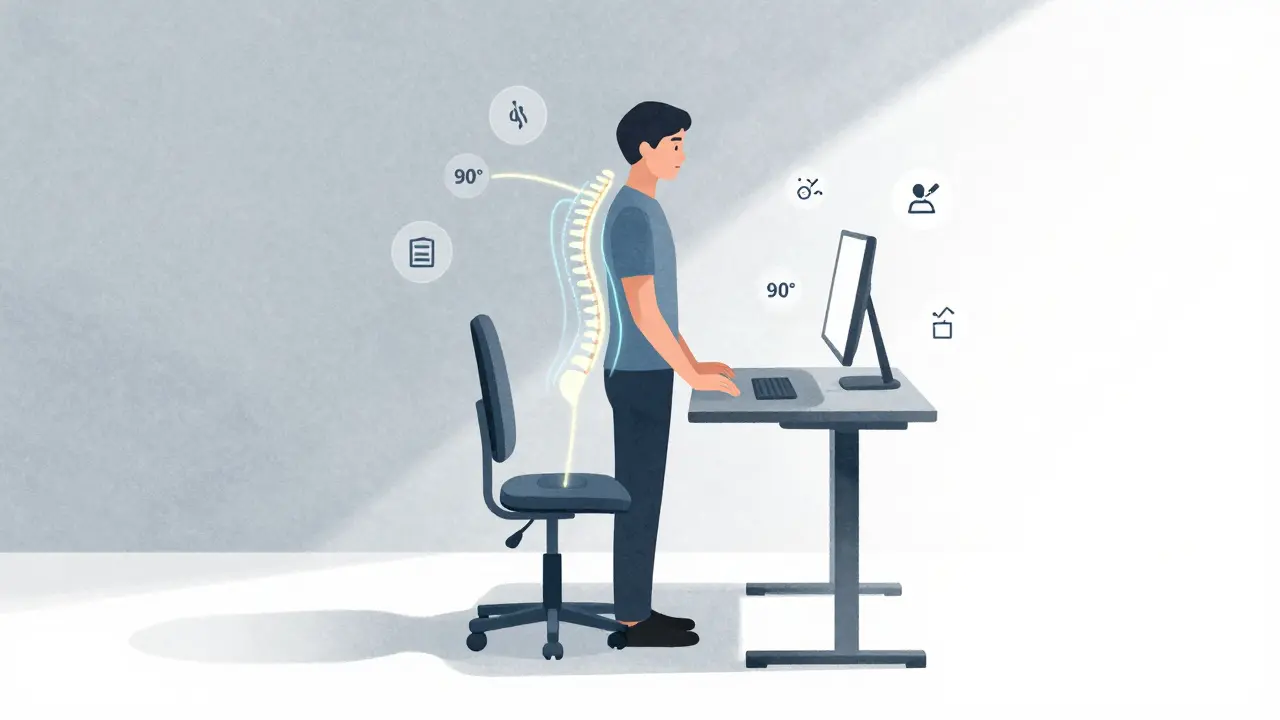 Koncepční ilustrace člověka při přechodu ze sedění do stání u výškově nastavitelného stolu s ergonomickými liniemi.