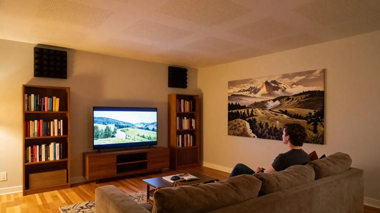 Person watching TV in a living room with hidden acoustic treatments on walls, ceiling, and corners.