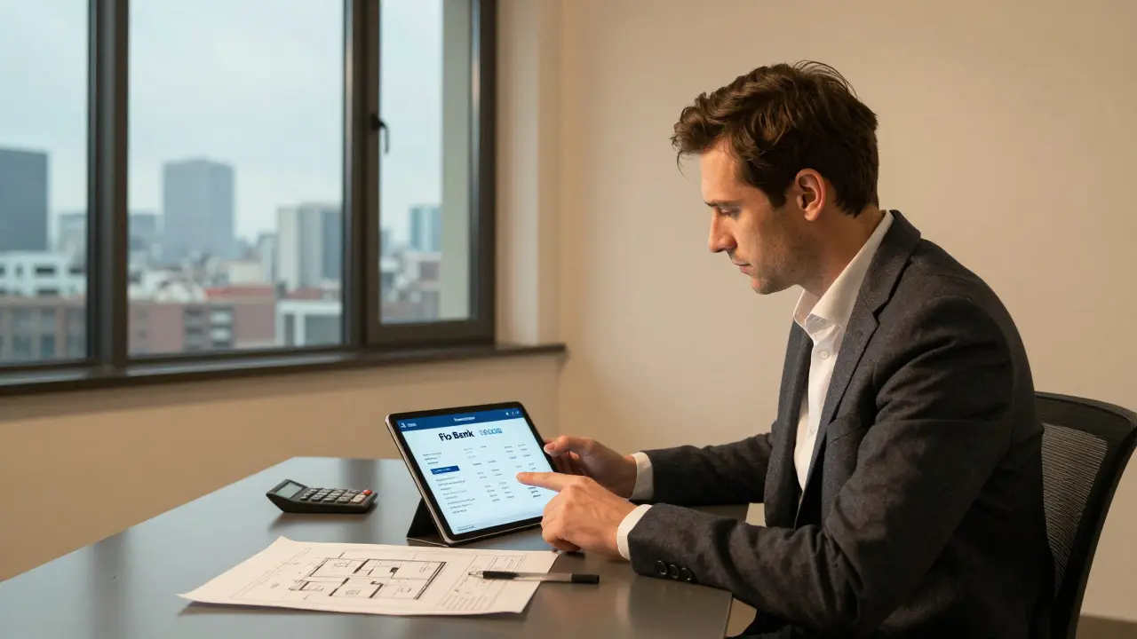 Podnikatel přehlíží srovnání úvěrů u bank s plánem domu.