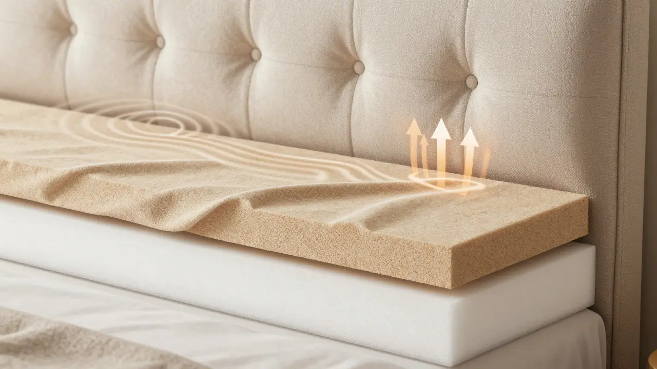 Podrobný pohled na vrstvy čalouněného čela: pěna a textilie, s vizuálními vlnami zvuku a tepla.