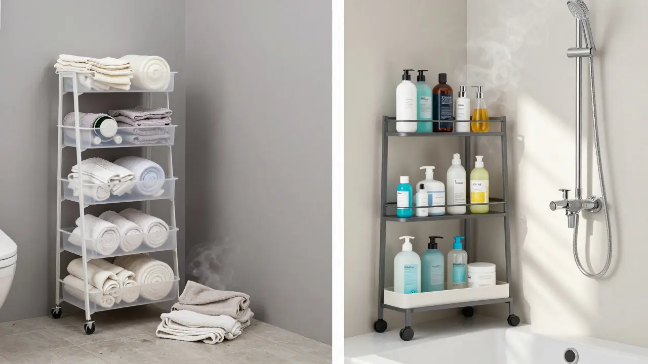 Před a po: chaotická koupelna vs. čistá s teleskopickou policií pro úsporu prostoru.