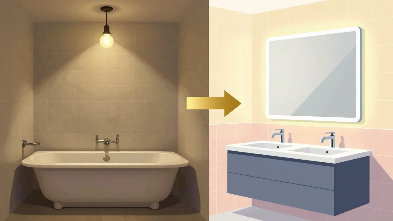 Před a po transformaci koupelny: stará žloutá koupelna vlevo, moderní a světlá vpravo.