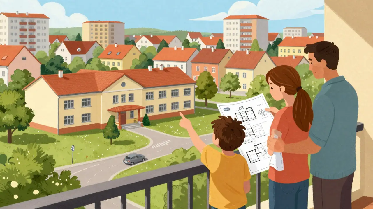 Rodina ukazuje na školu v Brně-Žebetín z balkónu nového domu, přímo vedle zeleného parku.