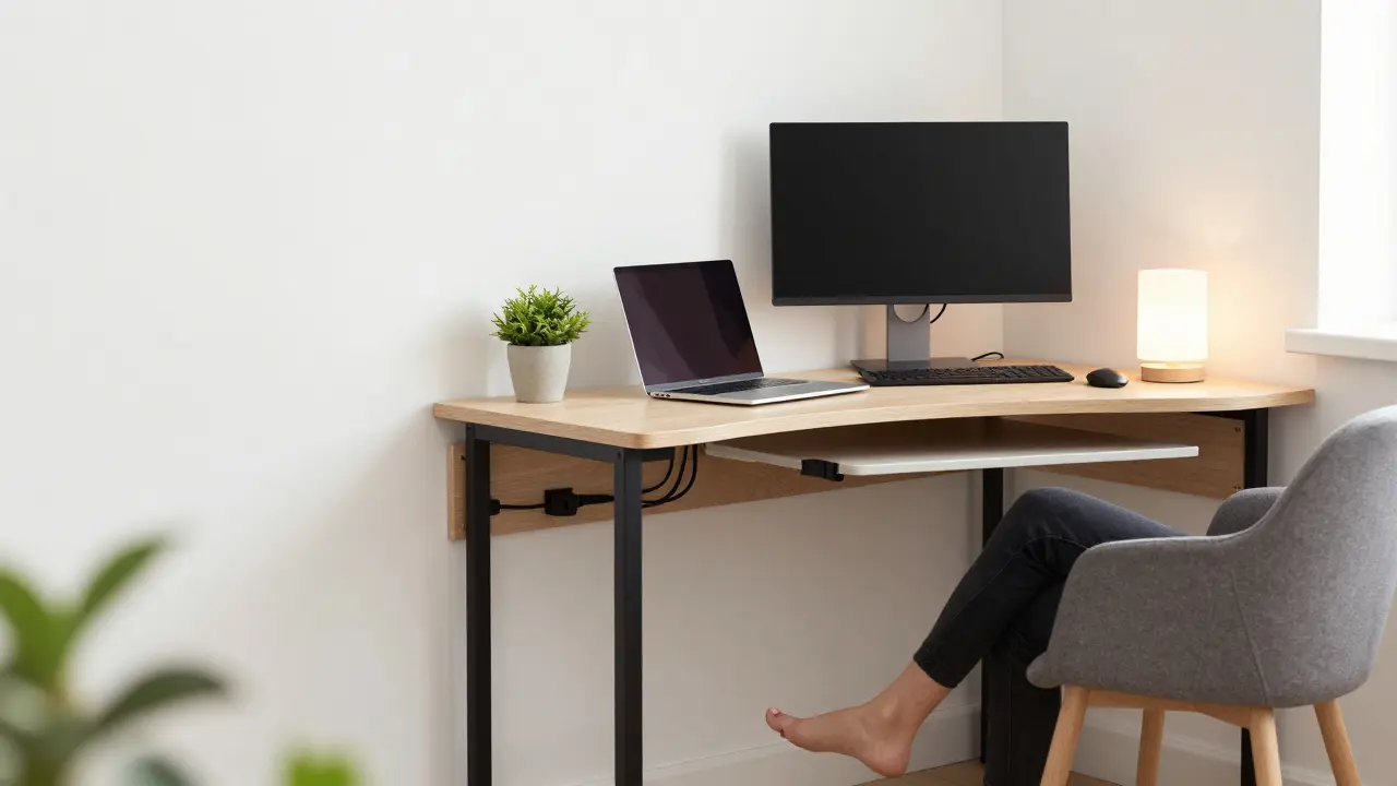 Rohový pracovní stůl v malém bytě s laptopem a kabelovým řešením, v moderním, minimalistickém designu.