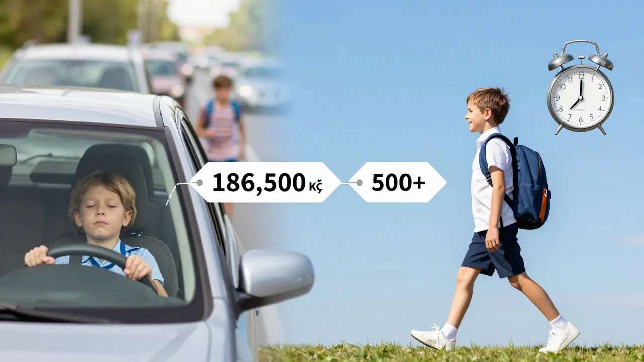 Rozdělený obraz: dítě v autě v dopravní zácpě vs. dítě šťastně jdoucí do školy pěšky.