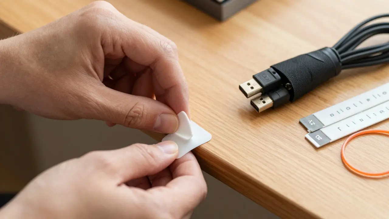 Ruka připevňuje kabelovou svorku k hraně stolu, vedle ní jsou svázané kabely a označovače.