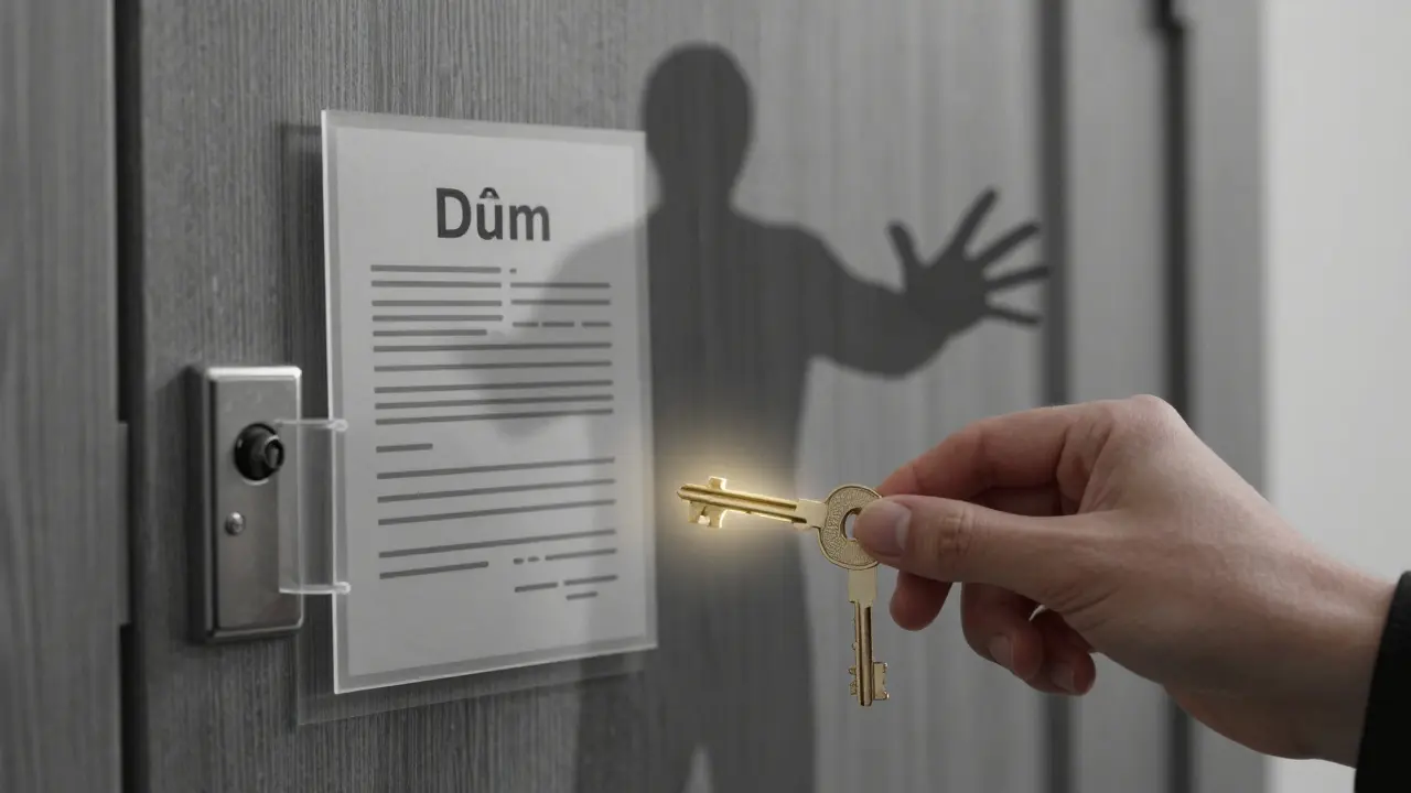 Ruka vkládá klíč do dveří domu, zatímco černá postava je zadržena průhlednou bariérou.