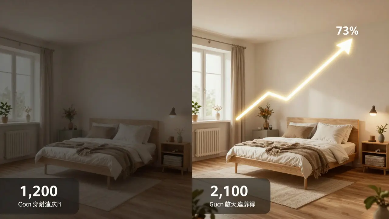 Side-by-side comparison of online property listings showing staged vs. unstaged apartment views.