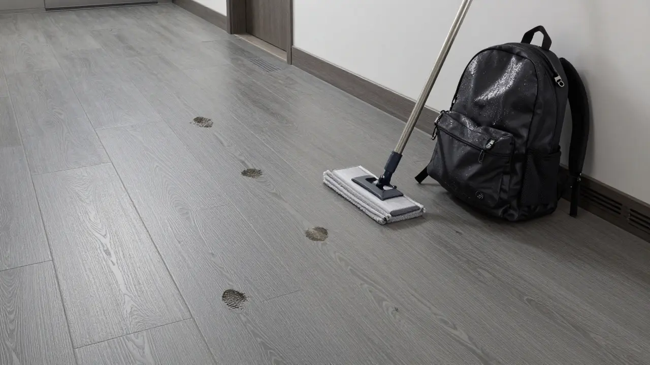 SPC hallway flooring with no seams, showing resistance to dirt and moisture from shoes.