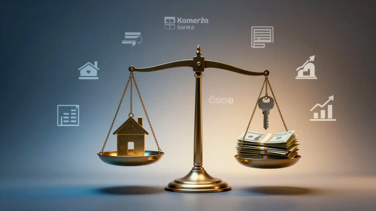 Váha s klíčem od domu a penězi, symbolizující flexibilní financování.