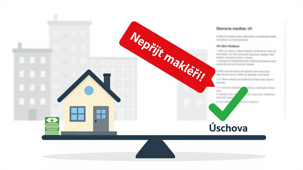 Váha ukazuje riziko platby přímo makléři versus bezpečnou úschovu.