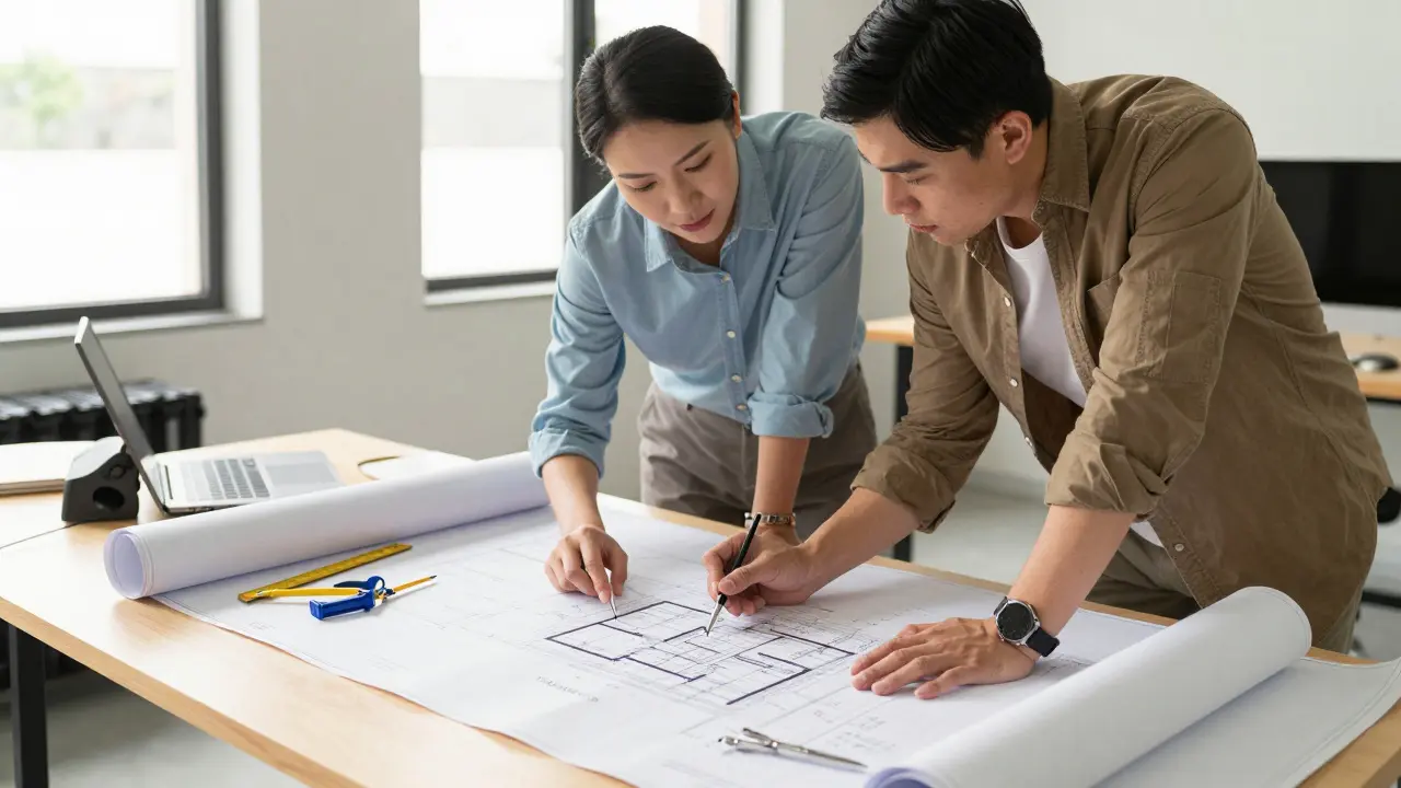 Architekt a geodet při práci s technickou dokumentací