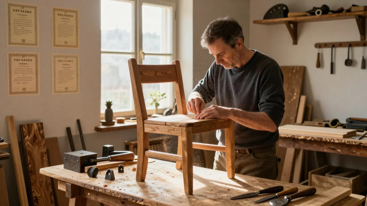 Český řemeslník v dílně vytváří ručně dělané křeslo z recyklovaného dřeva s kovovými spoji.