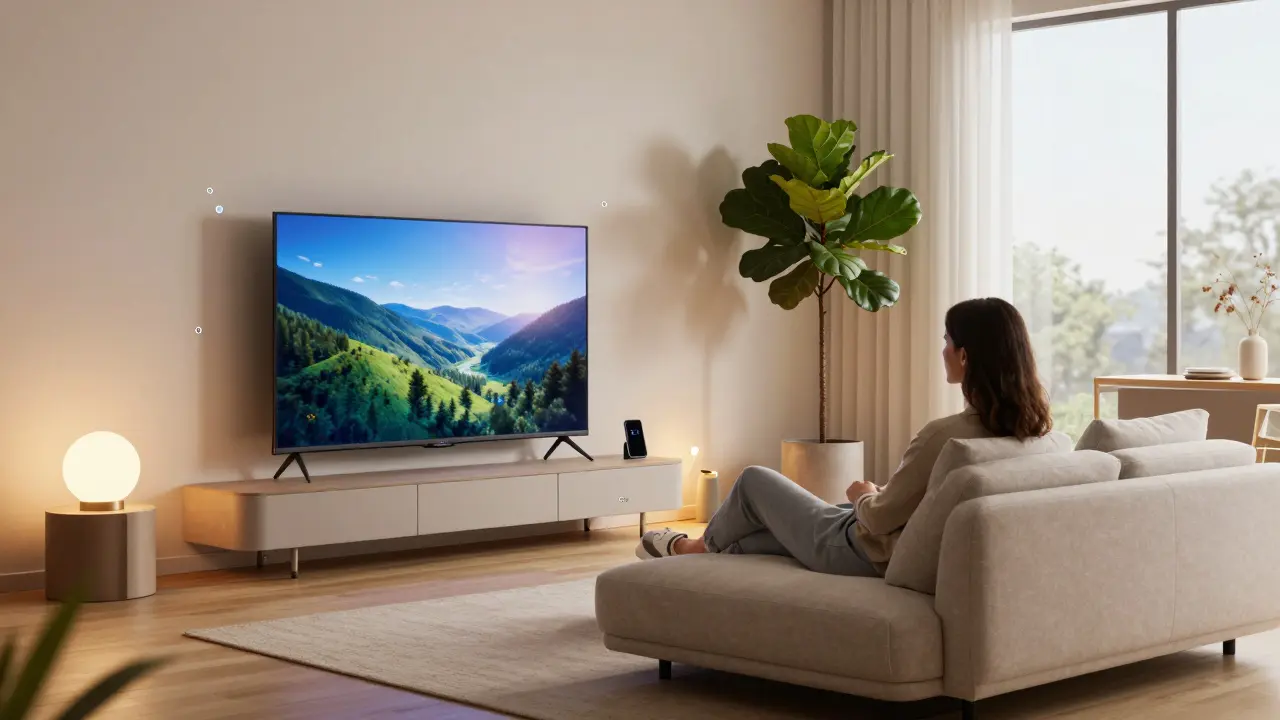 Chytrá televize automaticky přizpůsobuje výšku a sklon podle postavení diváka, v ergonomickém obývacím pokoji s rostlinou a mírným světlem.