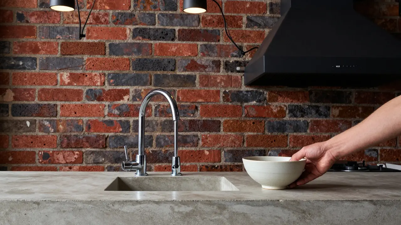 Detail betonové desky s chromovaným kohoutkem a cihlovou stěnou v pozadí