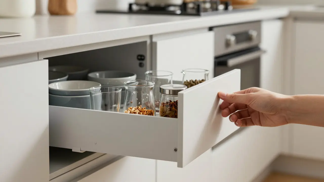 Detail otočného mechanismu FurnSpin, který odhaluje uspořádaný obsah skříňky bez otevírání dvířek.